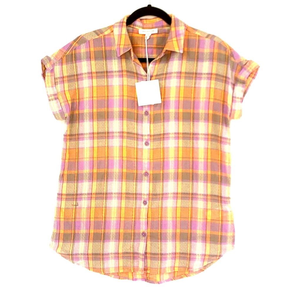 Beach Lunch Lounge Top Women XS Multicolor Plaid Cotton Button Up Short Sleeve